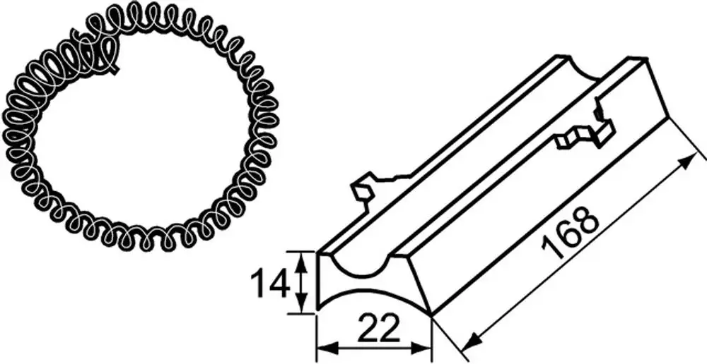 Halterung mit Zubehör für Anlegefühler, gefertigt von IMI Hydronic Engineering. Abgebildet sind eine Halterung und eine spiralförmige Komponente in technischen Zeichnungen.